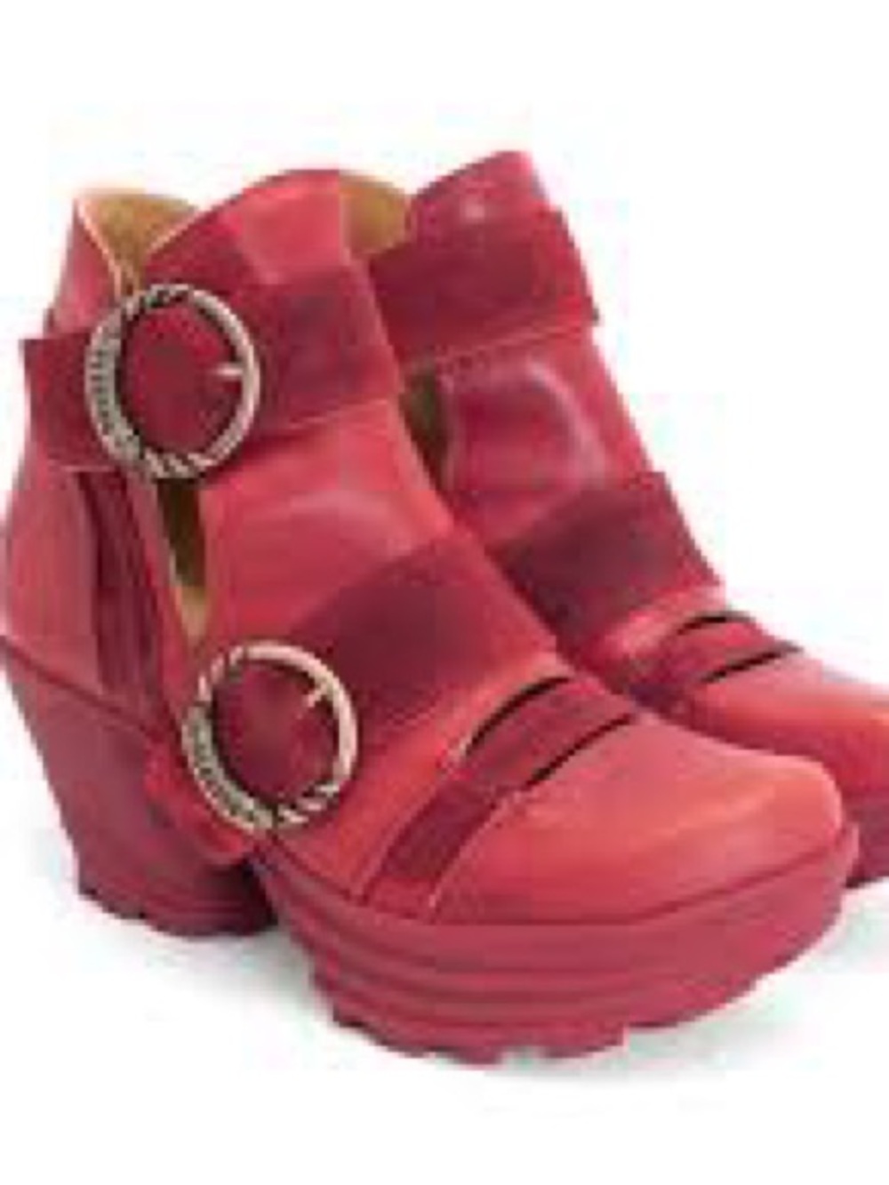 John Fluevog Soca Red Platform Ankle Boots with Circular Buckles 10